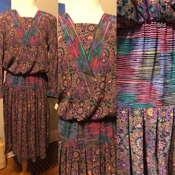 Vintage 80s Mindy Malone Dress Contrasting prints Bloused Top size 14 women maxi - Picture 3 of 7